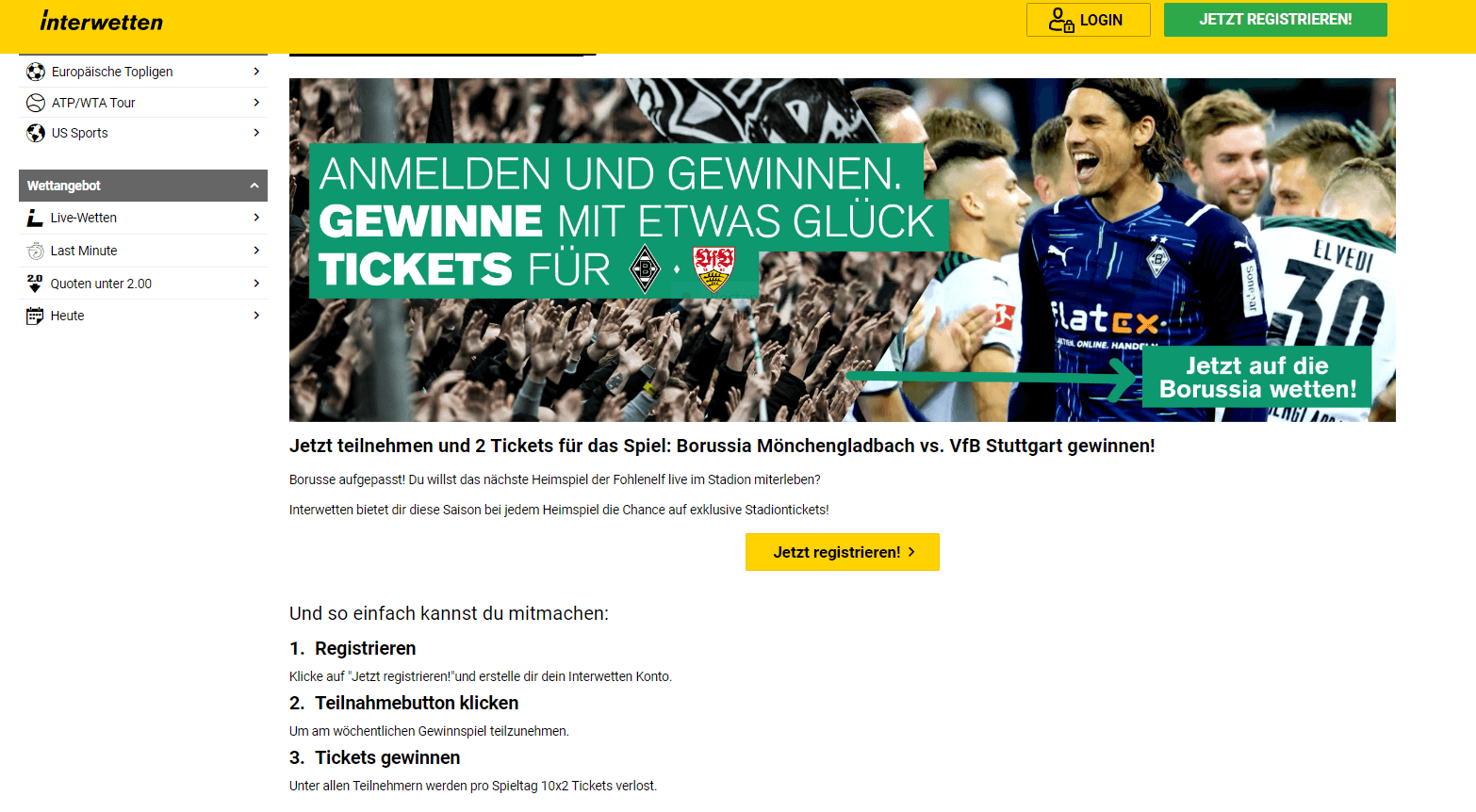 Anmneldeseite von Interwetten.